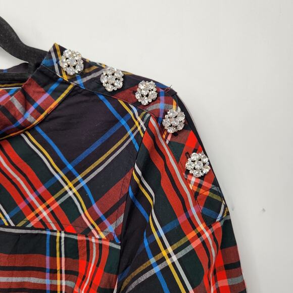 J.Crew Plaid Funnelneck Shirt in Stewart tartan with Jeweled Buttons Women's 4 - Picture 6 of 12